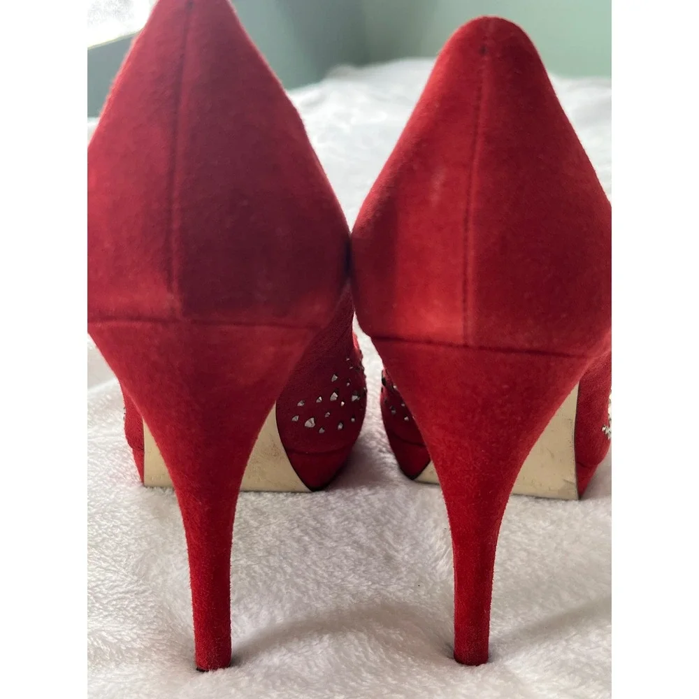 J. Renee Starlet Red Suede Studded Pumps Heels‎ Size 9M Silver Studs Platform